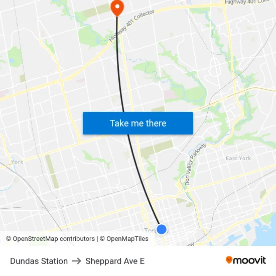 Dundas Station to Sheppard Ave E map