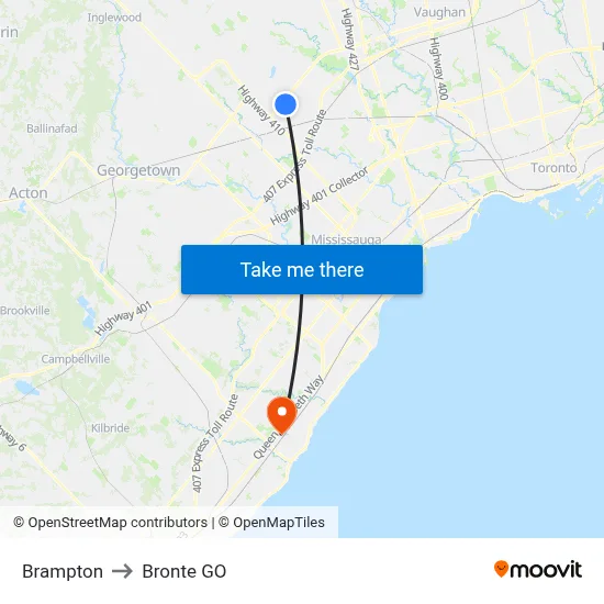 Brampton to Bronte GO map