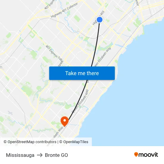 Mississauga to Bronte GO map