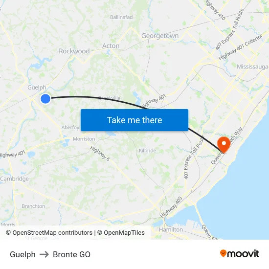 Guelph to Bronte GO map