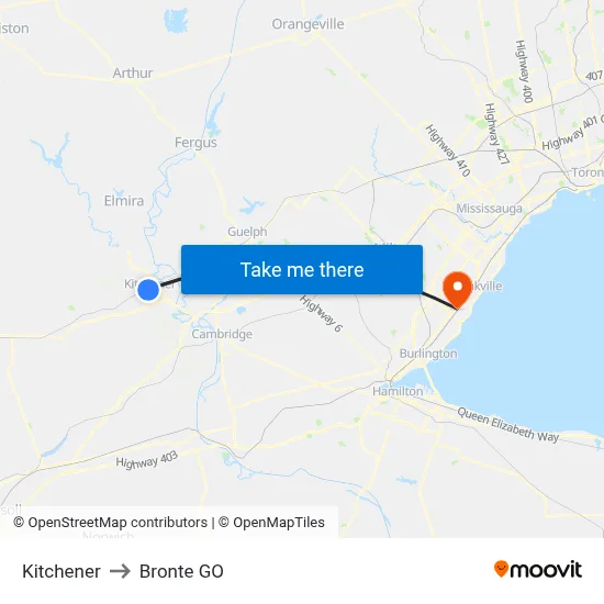 Kitchener to Bronte GO map