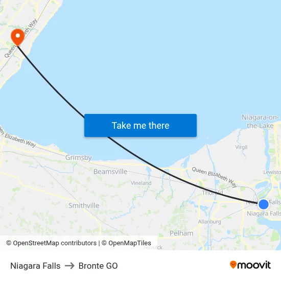 Niagara Falls to Bronte GO map