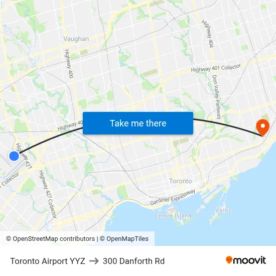 Toronto Airport YYZ to 300 Danforth Rd map