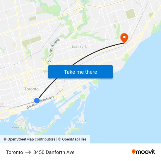 Toronto to 3450 Danforth Ave map