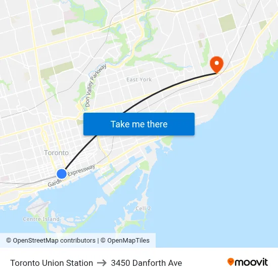 Toronto Union Station to 3450 Danforth Ave map