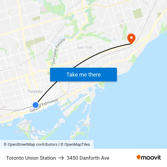 Toronto Union Station to 3450 Danforth Ave map