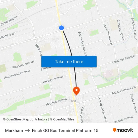Markham to Finch GO Bus Terminal Platform 15 map
