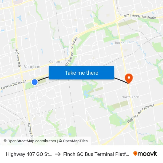 Highway 407 GO Station to Finch GO Bus Terminal Platform 15 map