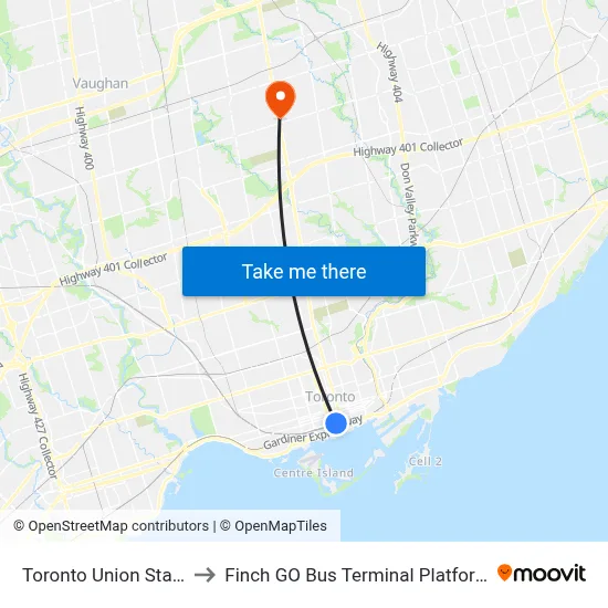 Toronto Union Station to Finch GO Bus Terminal Platform 15 map