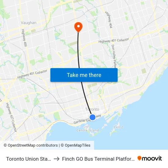 Toronto Union Station to Finch GO Bus Terminal Platform 15 map