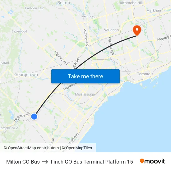 Milton GO Bus to Finch GO Bus Terminal Platform 15 map