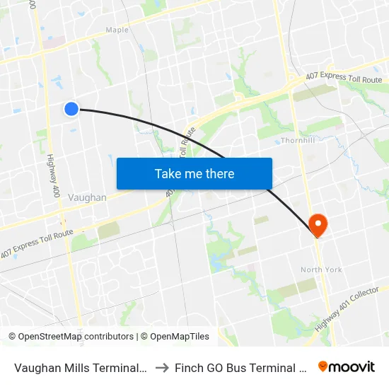 Vaughan Mills Terminal Platform 5 to Finch GO Bus Terminal Platform 15 map