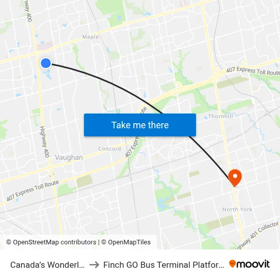 Canada’s Wonderland to Finch GO Bus Terminal Platform 15 map