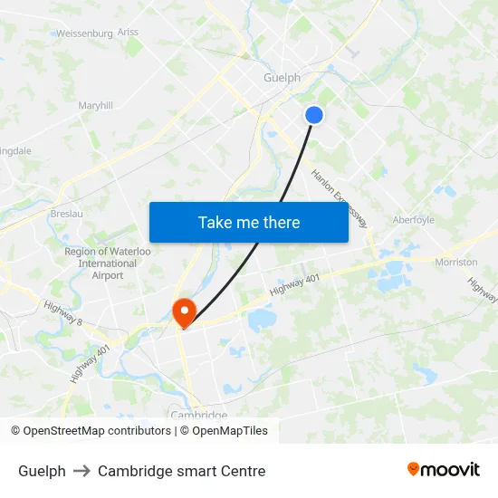 Guelph to Cambridge smart Centre map