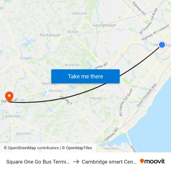Square One Go Bus Terminal to Cambridge smart Centre map