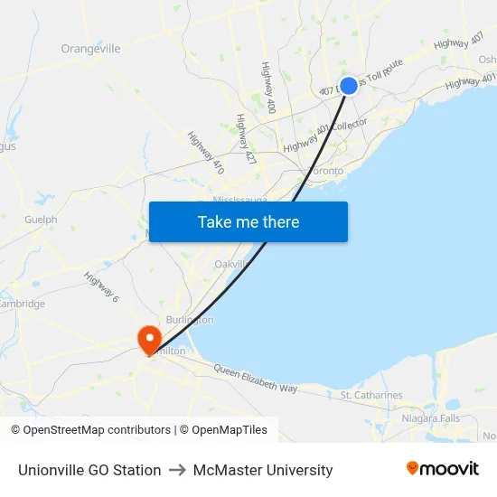 Unionville GO Station to McMaster University map