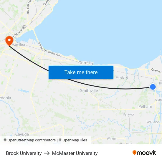 Brock University to McMaster University map