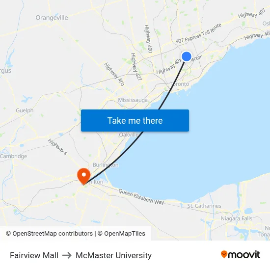 Fairview Mall to McMaster University map