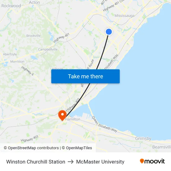 Winston Churchill Station to McMaster University map