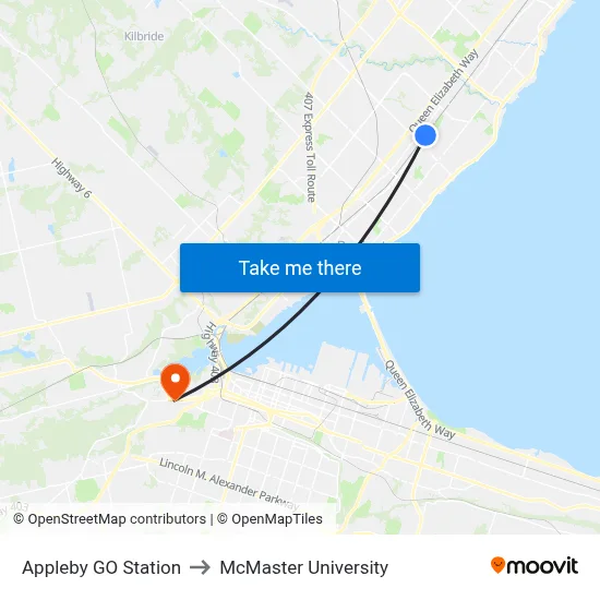 Appleby GO Station to McMaster University map