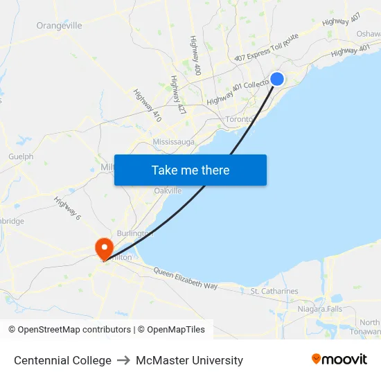 Centennial College to McMaster University map