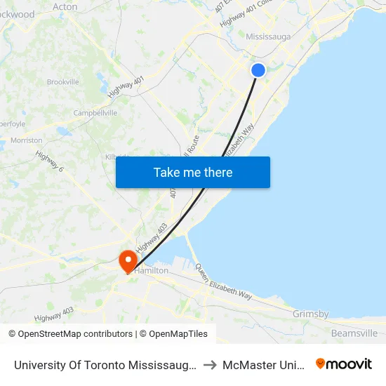 University Of Toronto Mississauga Campus to McMaster University map