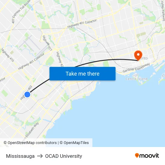 Mississauga to OCAD University map