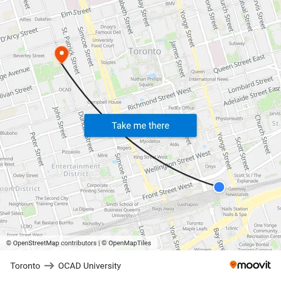 Toronto to OCAD University map