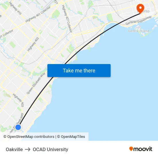 Oakville to OCAD University map