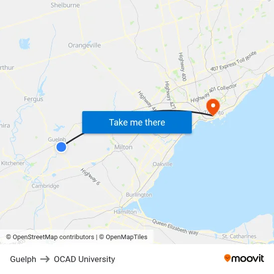 Guelph to OCAD University map