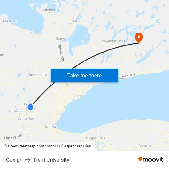 Guelph to Trent University map
