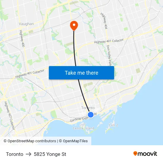 Toronto to 5825 Yonge St map