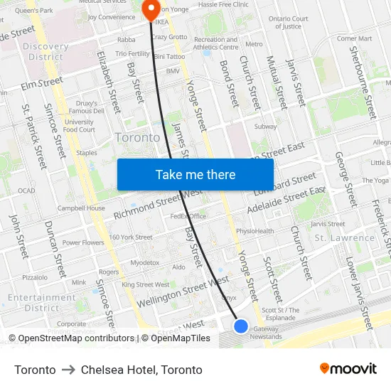 Toronto to Chelsea Hotel, Toronto map