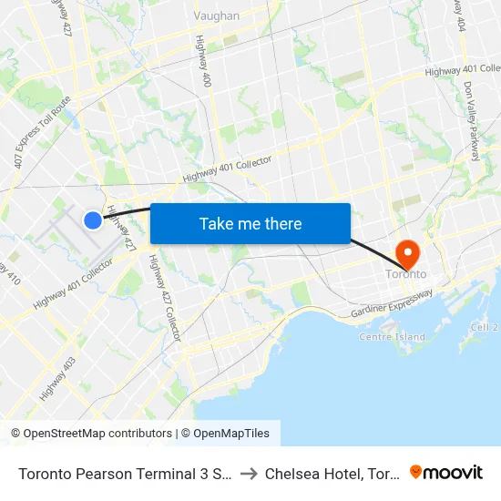 Toronto Pearson Terminal 3 Station to Chelsea Hotel, Toronto map