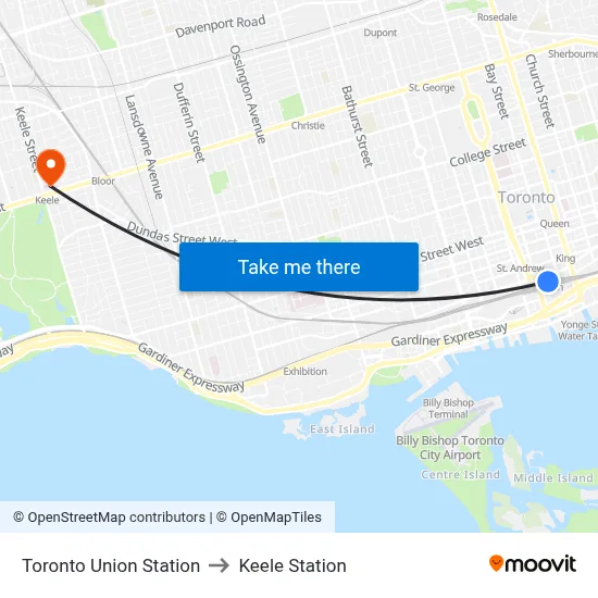 Toronto Union Station to Keele Station map