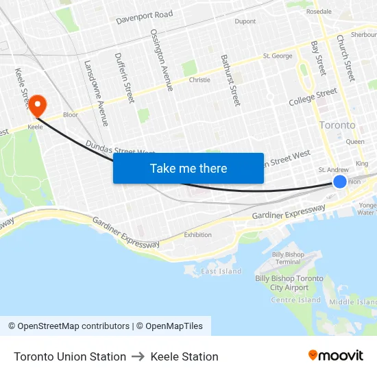 Toronto Union Station to Keele Station map