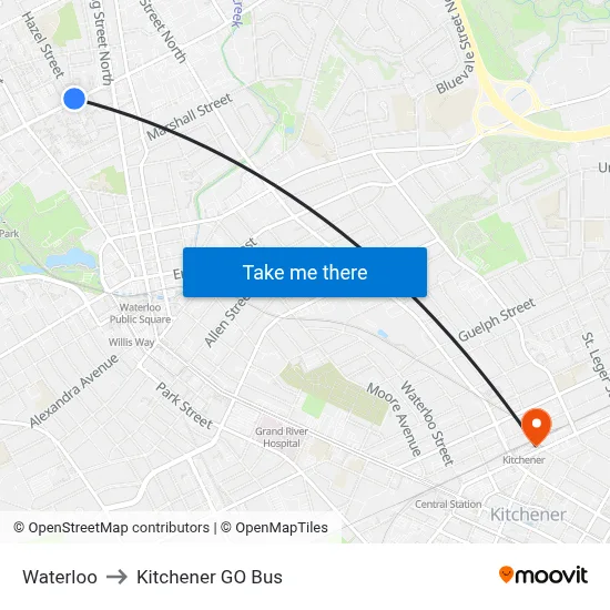 Waterloo to Kitchener GO Bus map