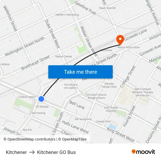 Kitchener to Kitchener GO Bus map
