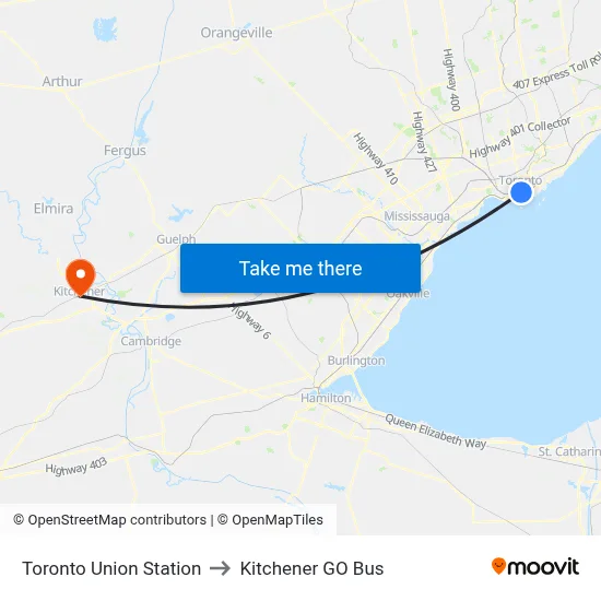 Toronto Union Station to Kitchener GO Bus map