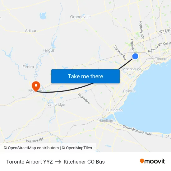 Toronto Airport YYZ to Kitchener GO Bus map