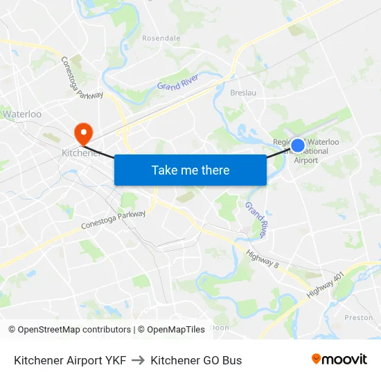Kitchener Airport YKF to Kitchener GO Bus map
