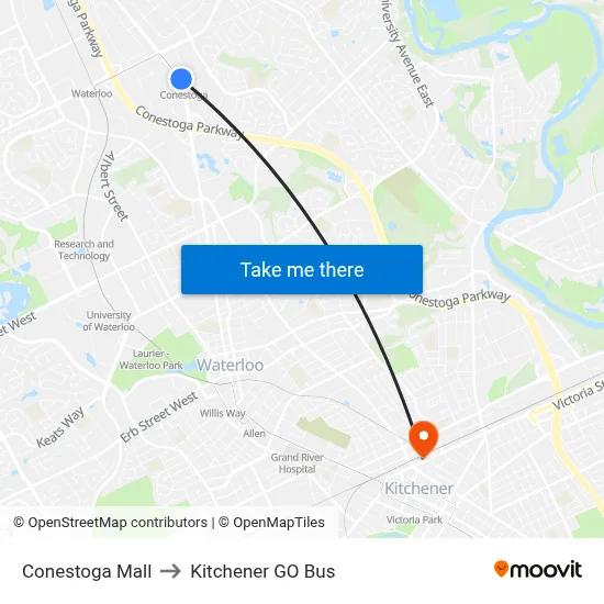 Conestoga Mall to Kitchener GO Bus map
