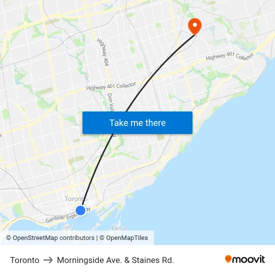 Toronto to Morningside Ave. & Staines Rd. map