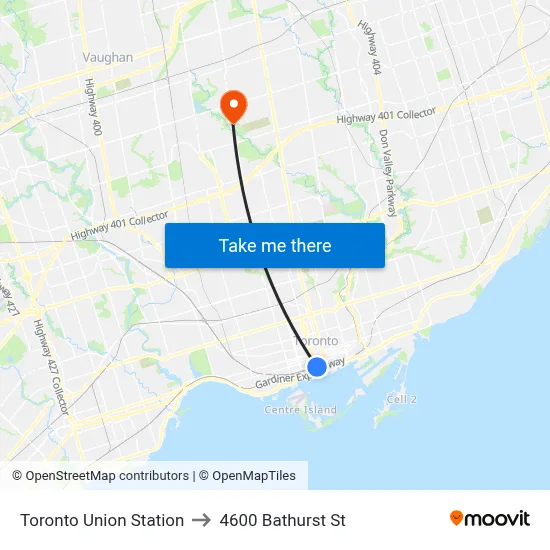 Toronto Union Station to 4600 Bathurst St map