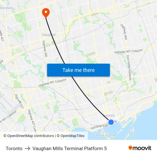Toronto to Vaughan Mills Terminal Platform 5 map