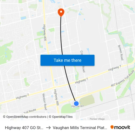 Highway 407 GO Station to Vaughan Mills Terminal Platform 5 map