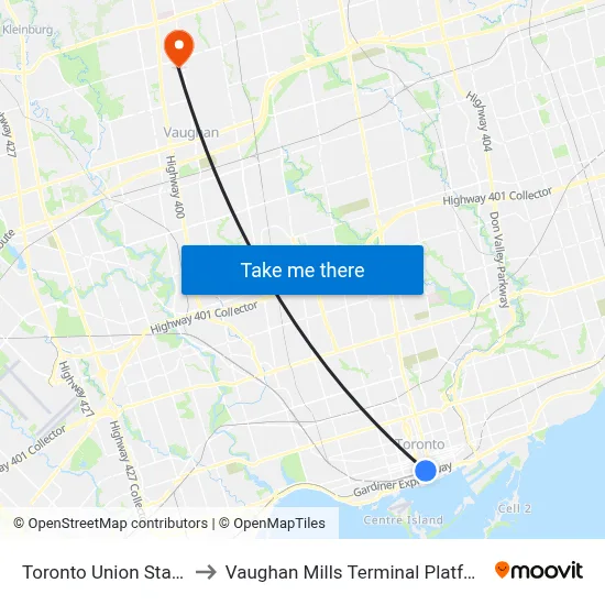 Toronto Union Station to Vaughan Mills Terminal Platform 5 map