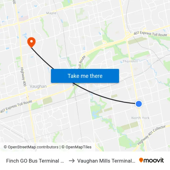 Finch GO Bus Terminal Platform 15 to Vaughan Mills Terminal Platform 5 map