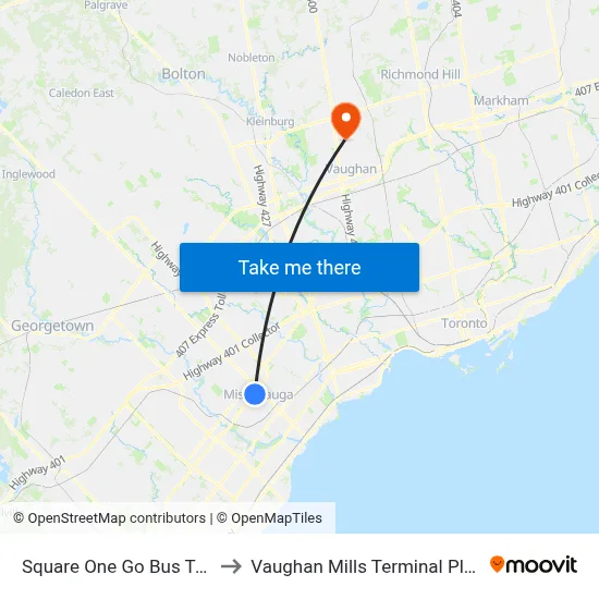 Square One Go Bus Terminal to Vaughan Mills Terminal Platform 5 map