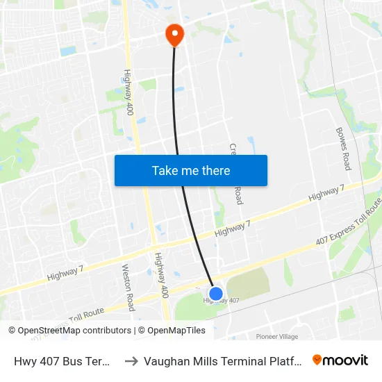 Hwy 407 Bus Terminal to Vaughan Mills Terminal Platform 5 map